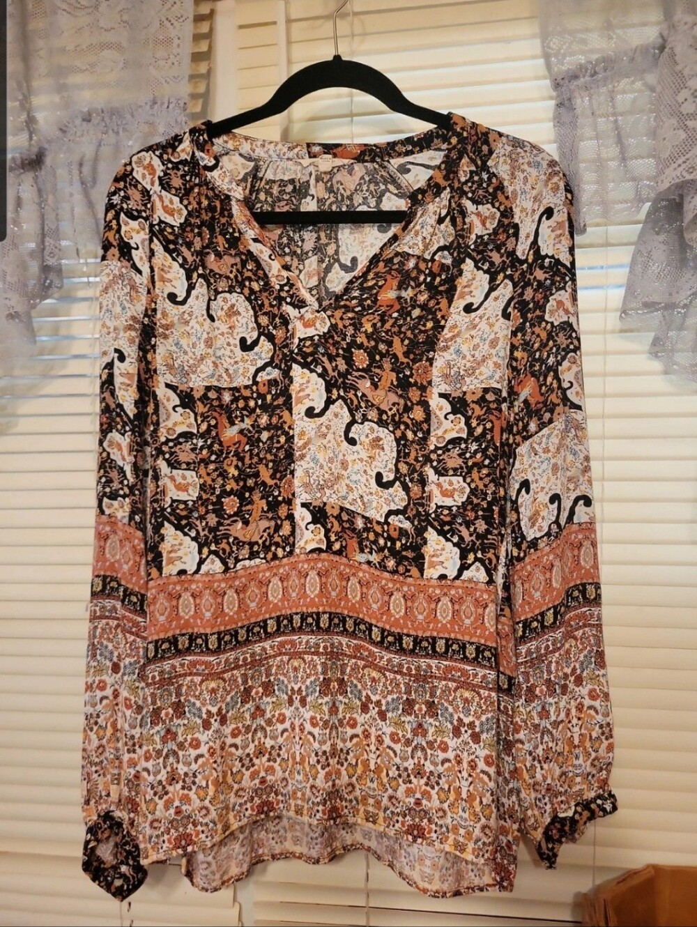 Christian Siriano Patchwork Paisley V-Neck Tunic - Rust, Black, Cream